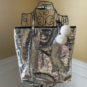 Victoria's Secret Silver Sequin Tote with White Pom Poms